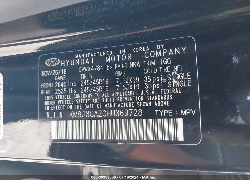 2017 HYUNDAI TUCSON SPORT VIN: KM8J3CA20HU369728