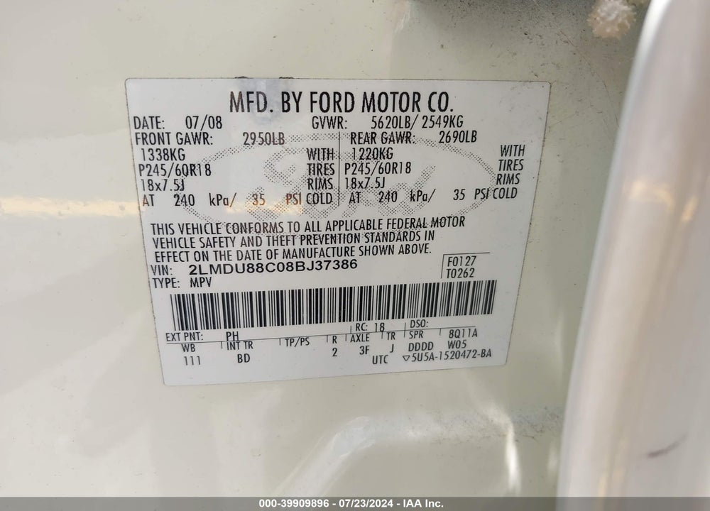 2008 LINCOLN MKX VIN: 2LMDU88C08BJ37386