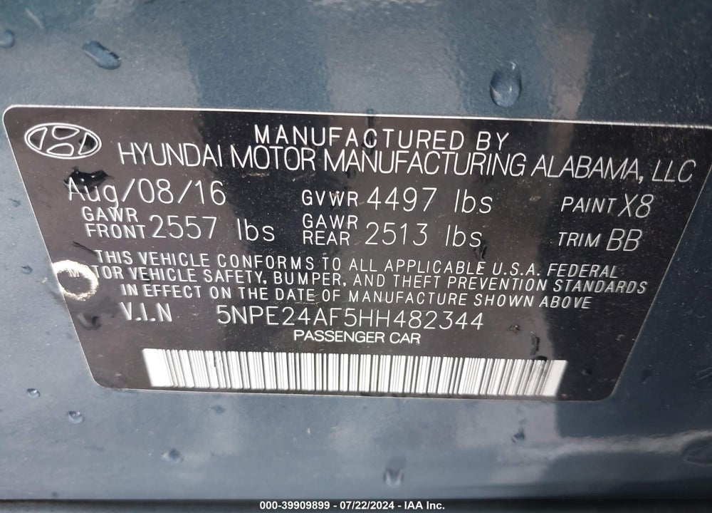 2017 HYUNDAI SONATA SE VIN: 5NPE24AF5HH482344