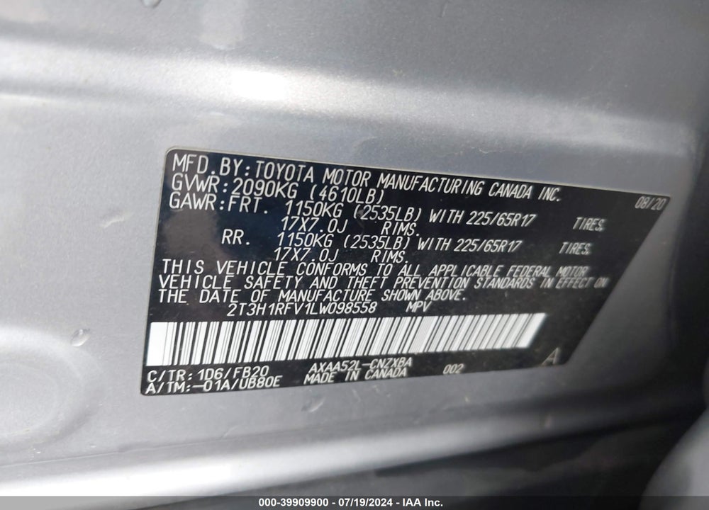 2020 TOYOTA RAV4 LE VIN: 2T3H1RFV1LW098558