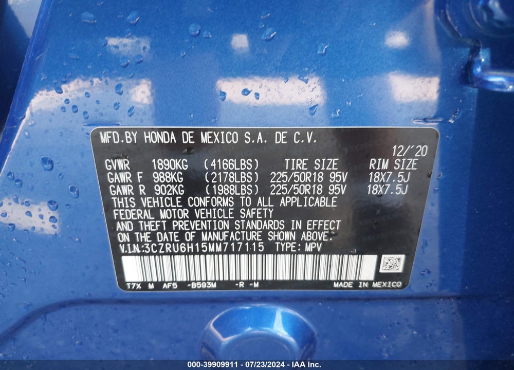 2021 HONDA HR-V AWD SPORT VIN: 3CZRU6H15MM717115