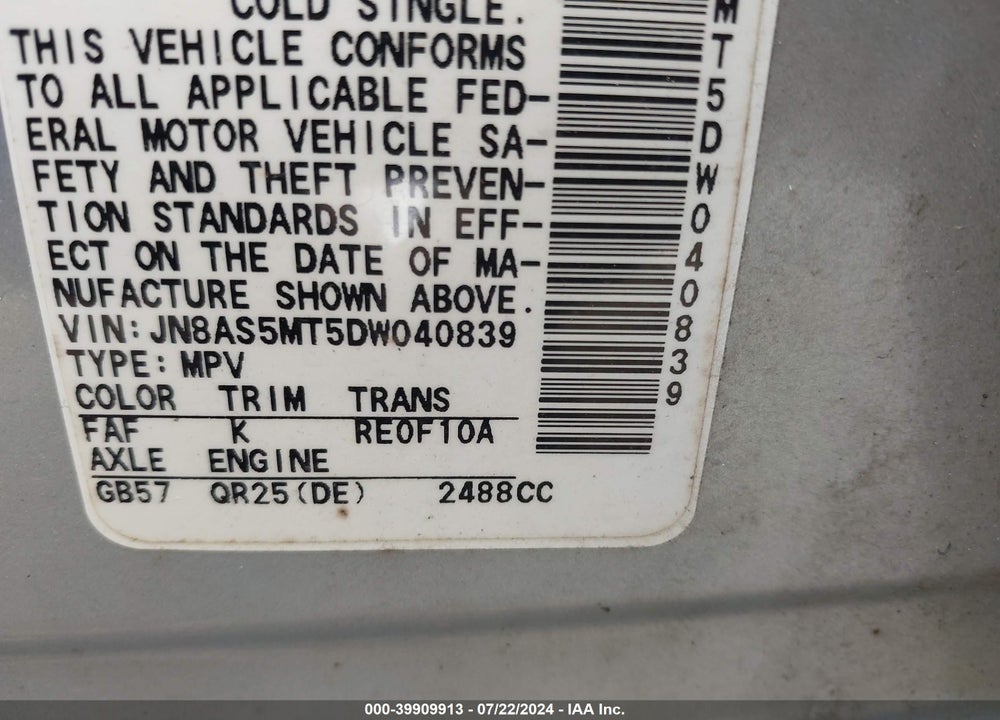 2013 NISSAN ROGUE S VIN: JN8AS5MT5DW040839