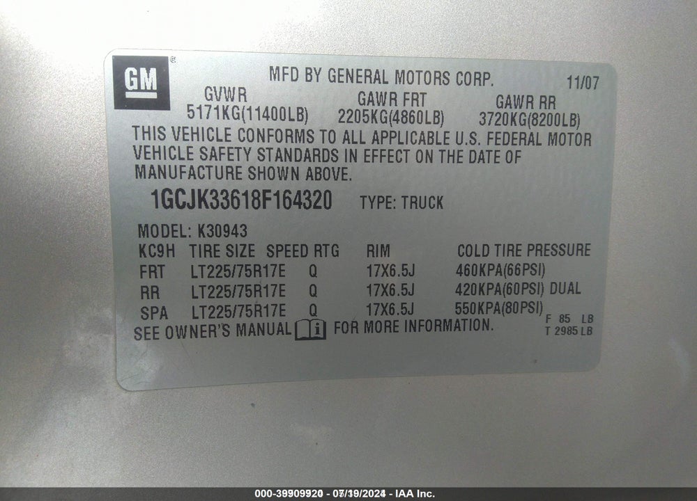 2008 CHEVROLET SILVERADO 3500HD LTZ VIN: 1GCJK33618F164320