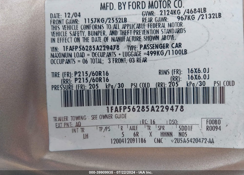 2005 FORD TAURUS VIN: 1FAFP56285A229478