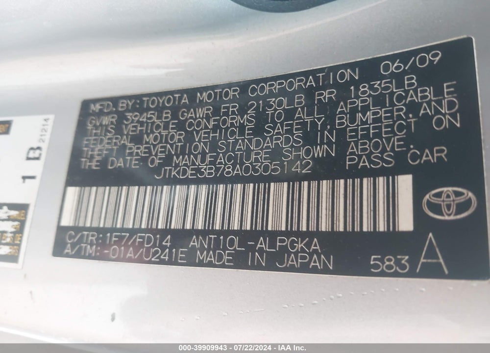 2010 SCION TC VIN: JTKDE3B78A0305142