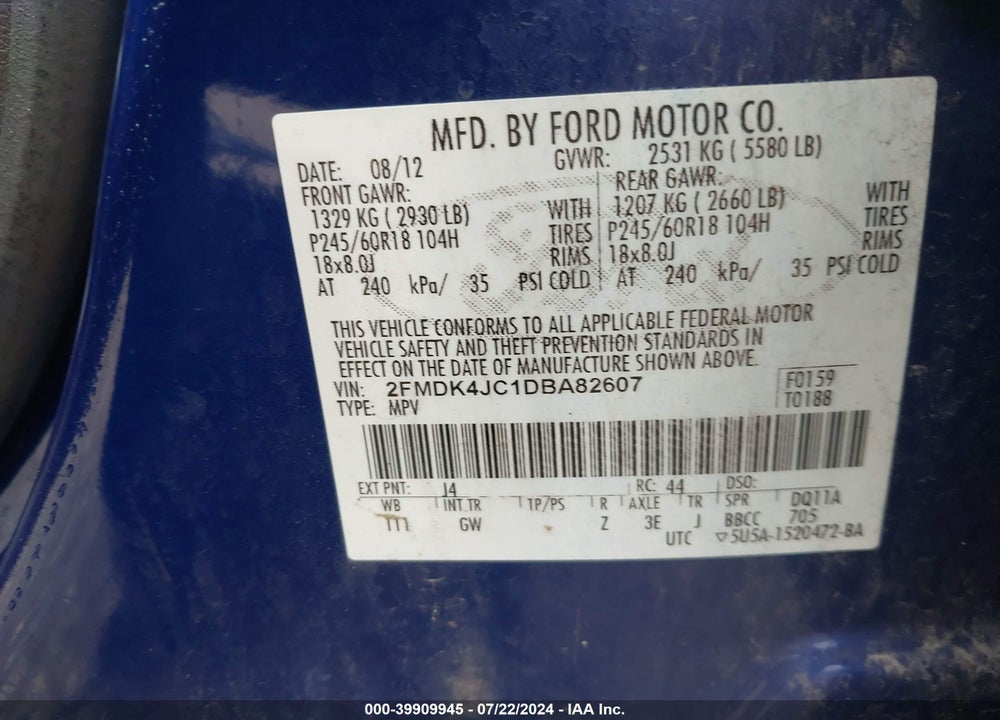 2013 FORD EDGE SEL VIN: 2FMDK4JC1DBA82607