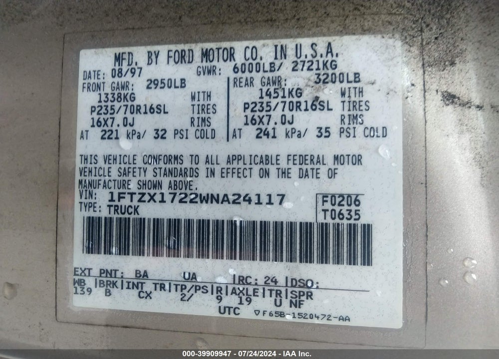 1998 FORD F-150 STANDARD/XL/XLT VIN: 1FTZX1722WNA24117
