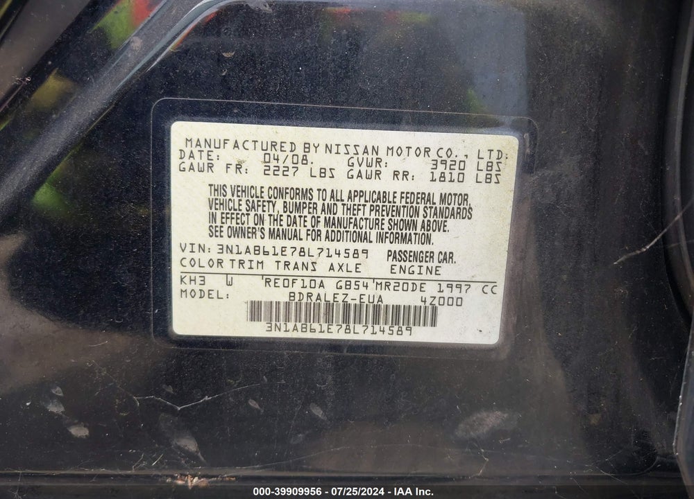2008 NISSAN SENTRA 2.0 S VIN: 3N1AB61E78L714589
