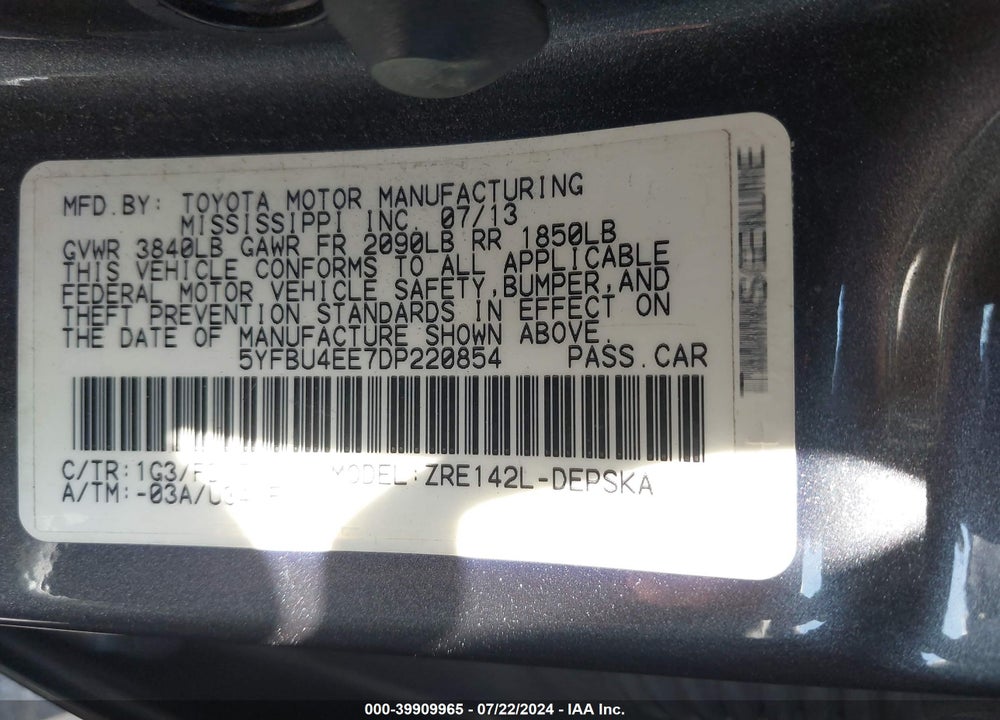 2013 TOYOTA COROLLA S VIN: 5YFBU4EE7DP220854