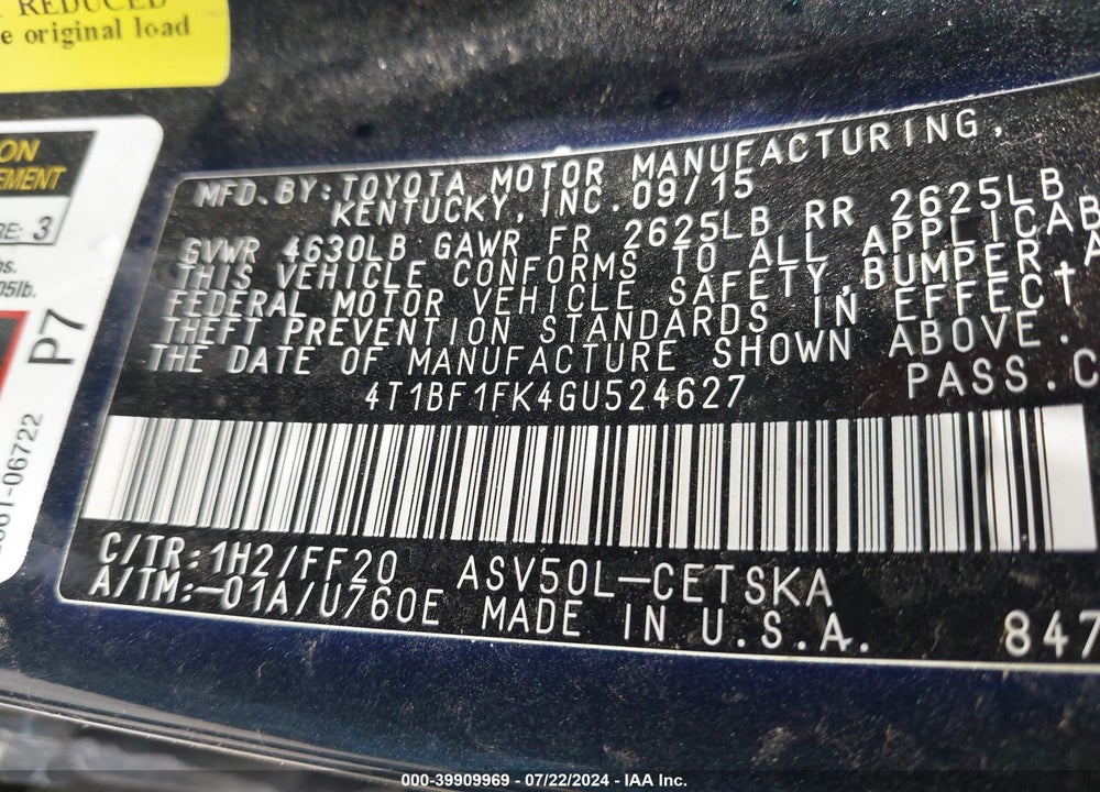 2016 TOYOTA CAMRY SE VIN: 4T1BF1FK4GU524627