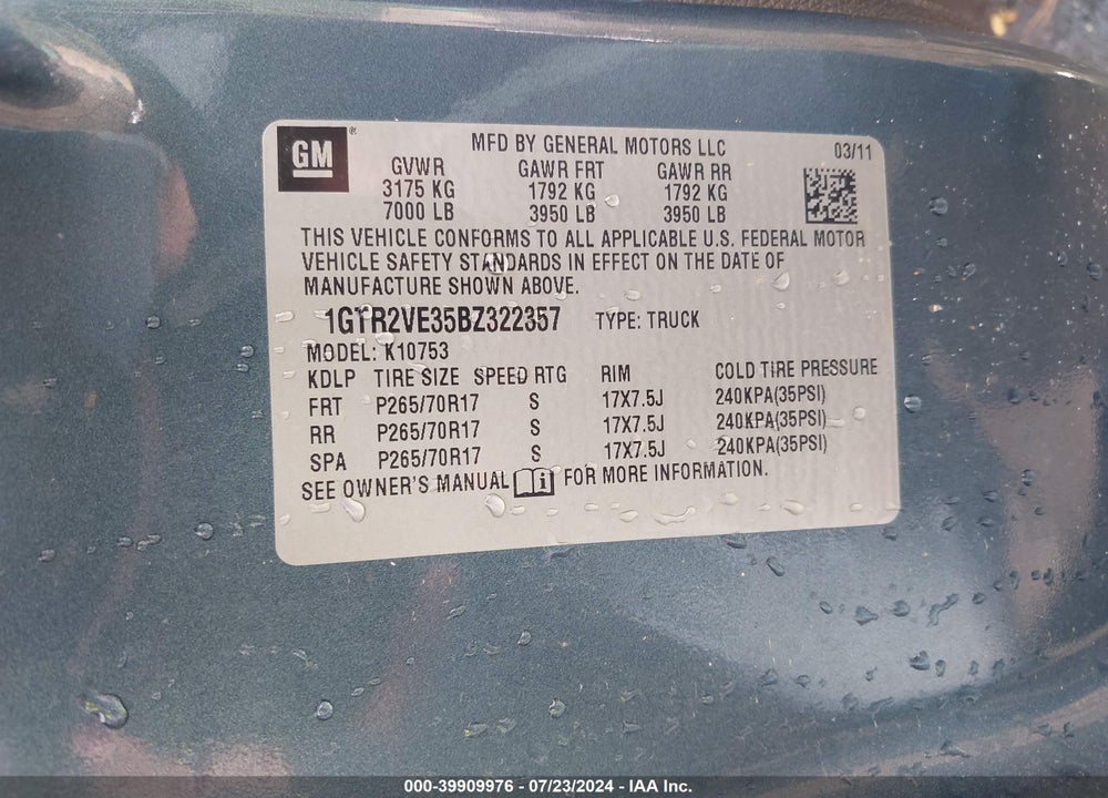 2011 GMC SIERRA 1500 SLE VIN: 1GTR2VE35BZ322357