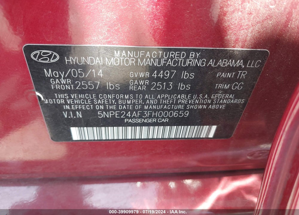 2015 HYUNDAI SONATA SE VIN: 5NPE24AF3FH000659