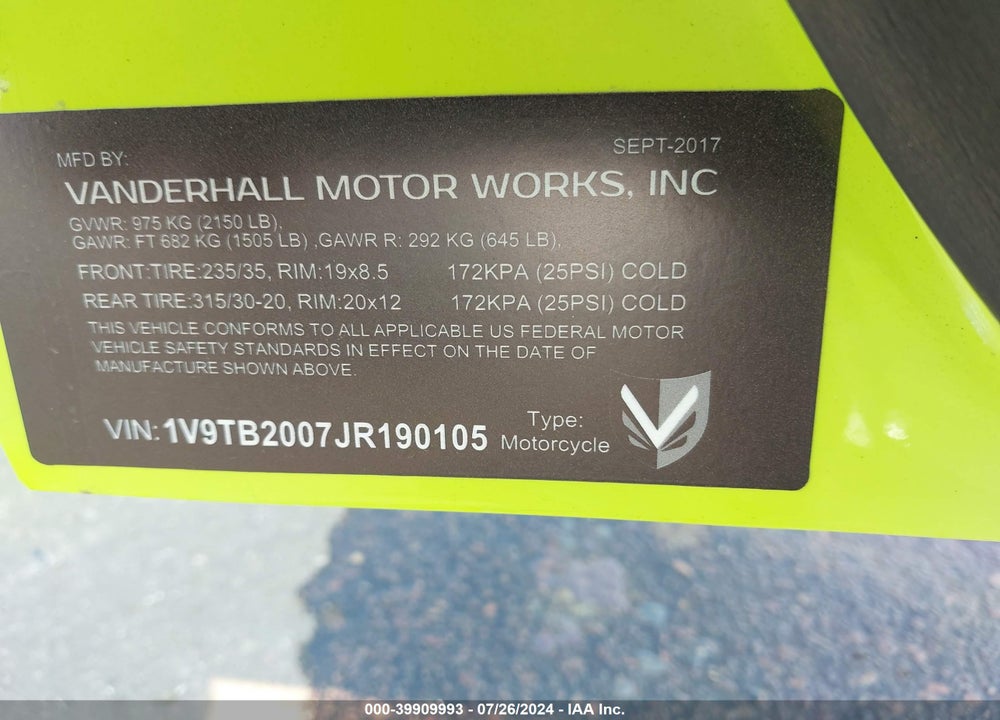 2018 VANDERHALL LAGUNA VIN: 1V9TB2007JR190105