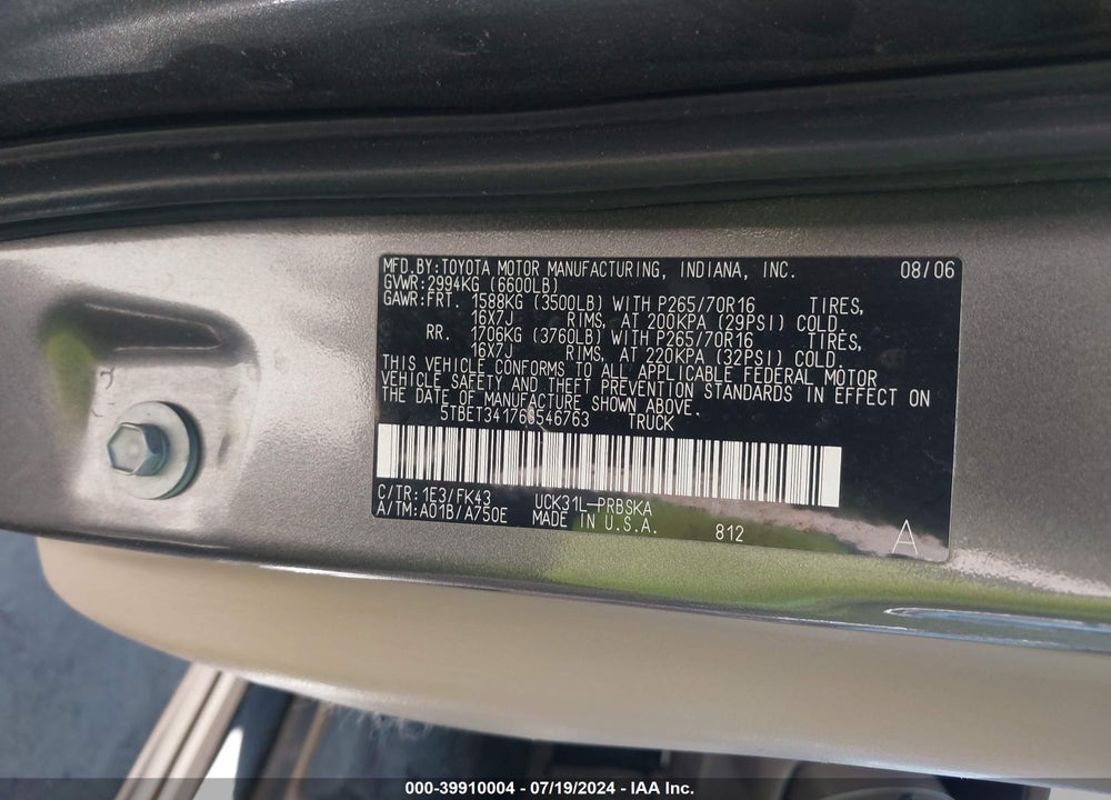 2006 TOYOTA TUNDRA SR5 V8 VIN: 5TBET34176S546763