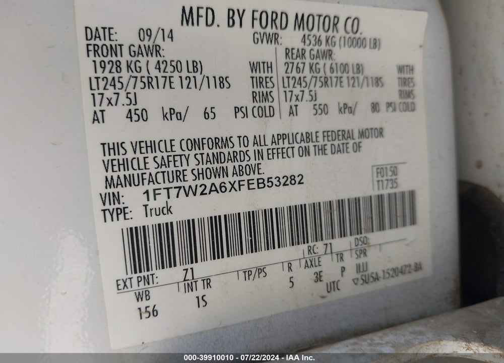 2015 FORD F-250 VIN: 1FT7W2A6XFEB53282
