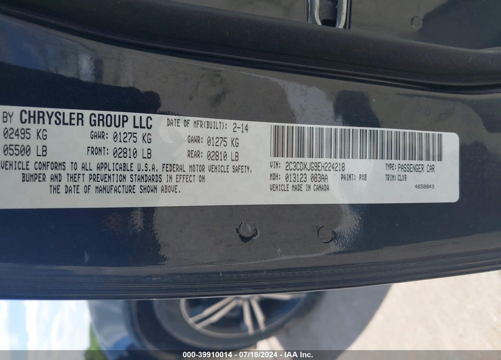 2014 DODGE CHARGER SXT VIN: 2C3CDXJG9EH224218