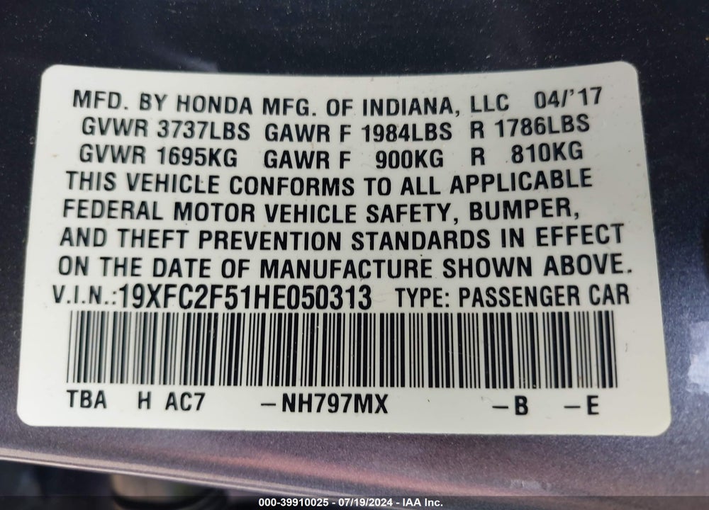 2017 HONDA CIVIC LX VIN: 19XFC2F51HE050313