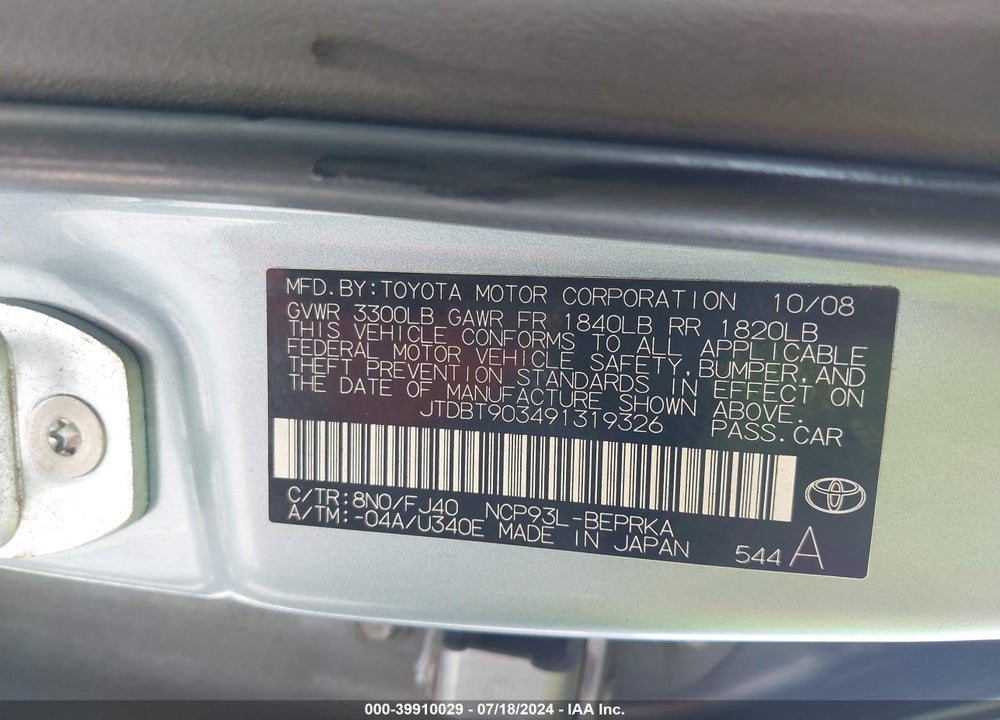 2009 TOYOTA YARIS VIN: JTDBT903491319326