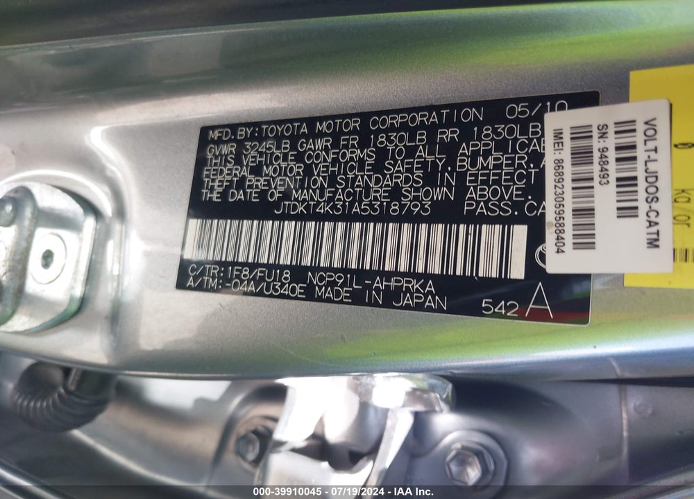 2010 TOYOTA YARIS VIN: JTDKT4K31A5318793