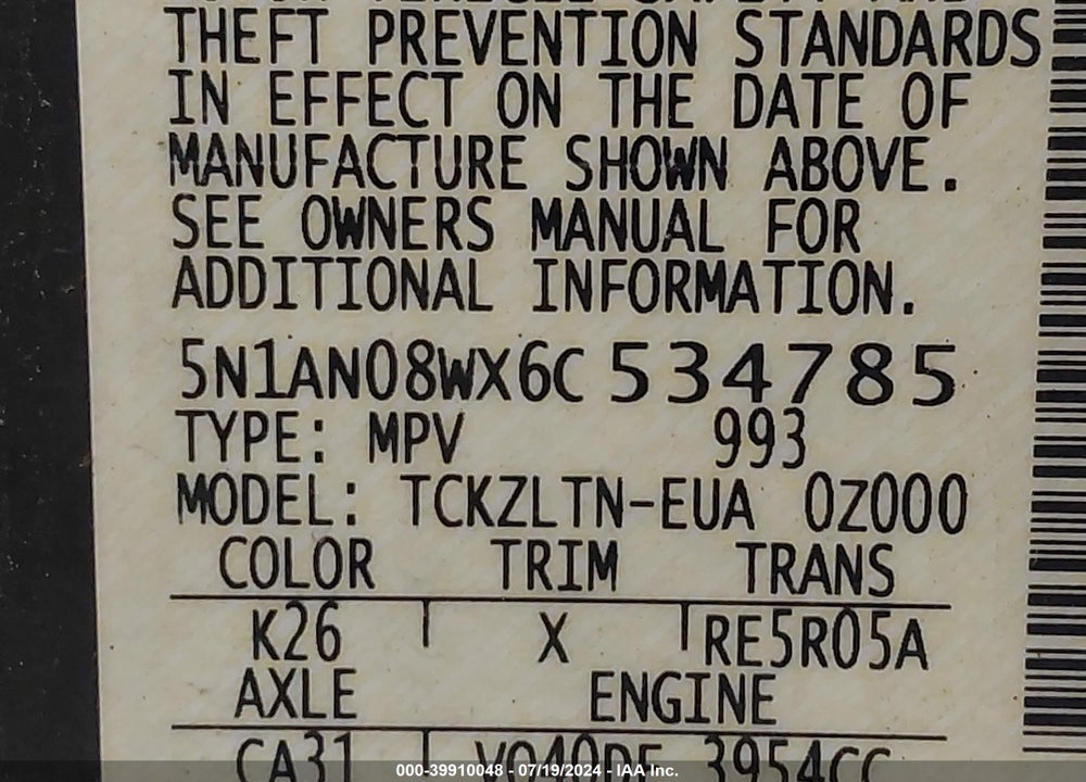 2006 NISSAN XTERRA SE VIN: 5N1AN08WX6C534785