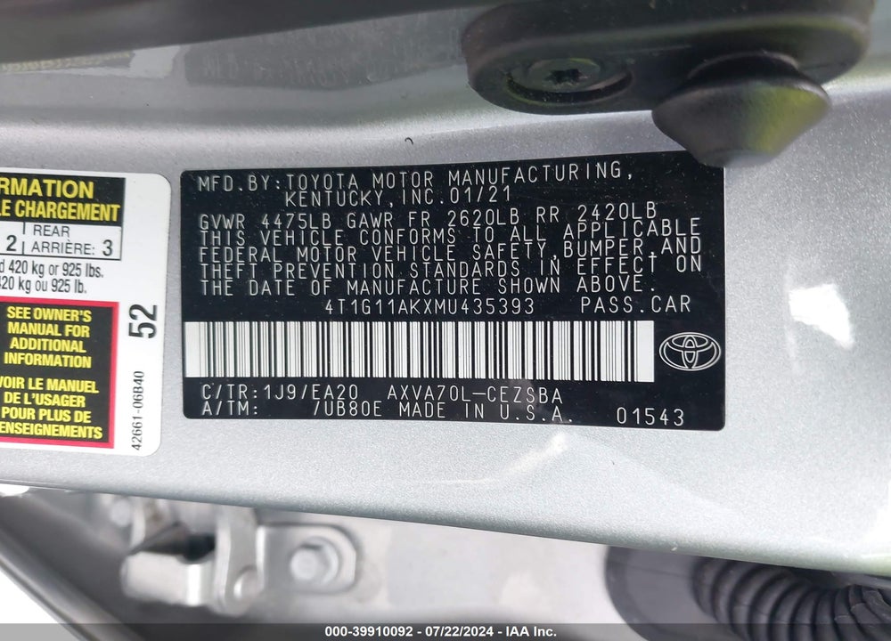 2021 TOYOTA CAMRY SE VIN: 4T1G11AKXMU435393