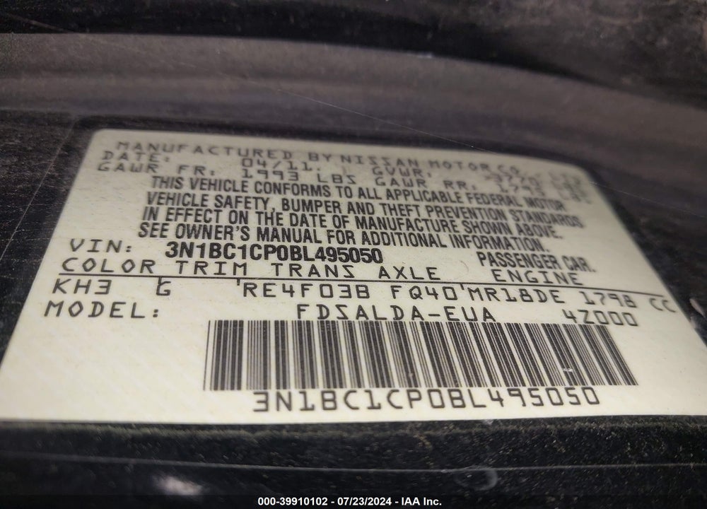 2011 NISSAN VERSA 1.8S VIN: 3N1BC1CP0BL495050