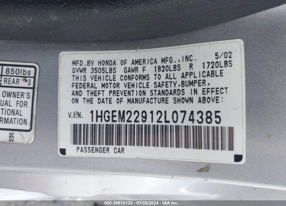 2002 HONDA CIVIC EX VIN: 1HGEM22912L074385