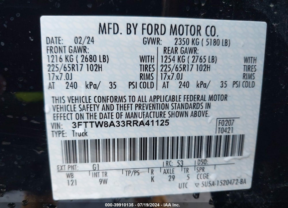 2024 FORD MAVERICK XL VIN: 3FTTW8A33RRA41125