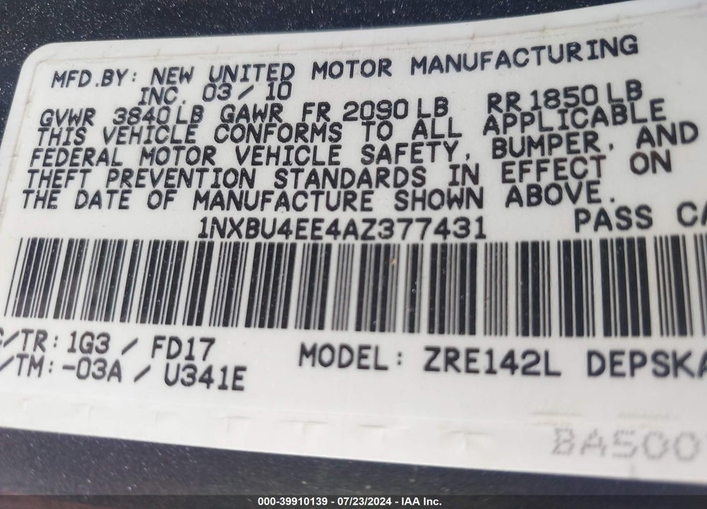 2010 TOYOTA COROLLA S VIN: 1NXBU4EE4AZ377431