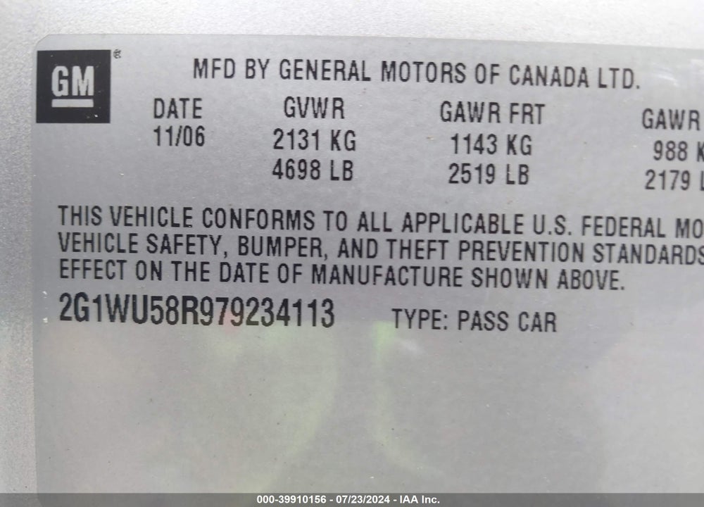 2007 CHEVROLET IMPALA LTZ VIN: 2G1WU58R979234113