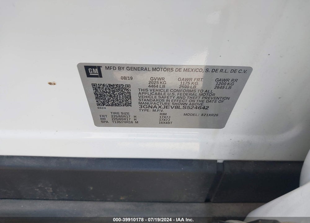 2020 CHEVROLET EQUINOX FWD 2FL VIN: 3GNAXJEV8LS524642