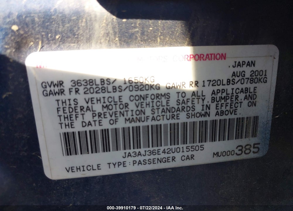 2002 MITSUBISHI LANCER LS VIN: JA3AJ36E42U015505