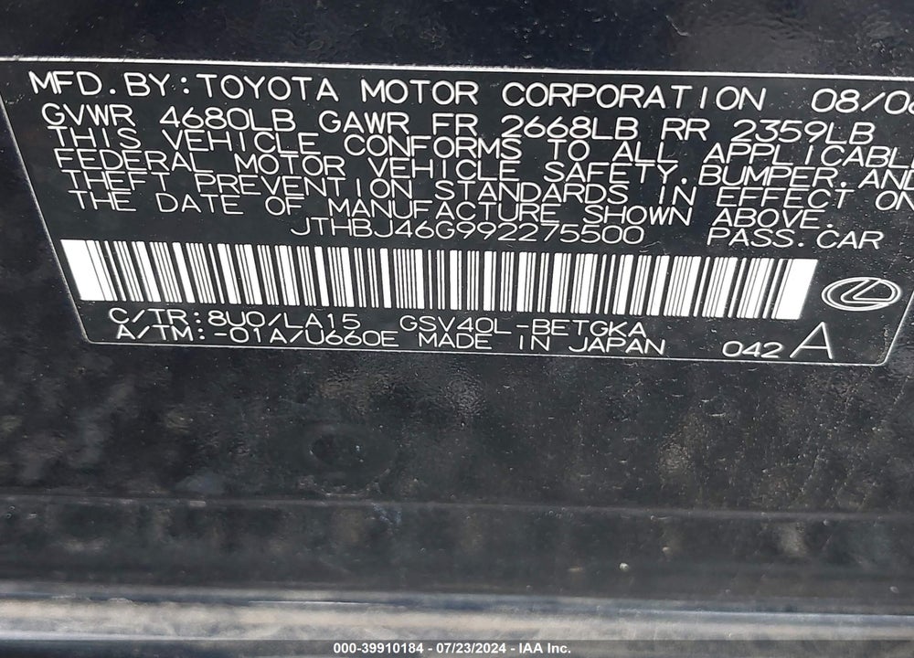2009 LEXUS ES 350 VIN: JTHBJ46G992275500