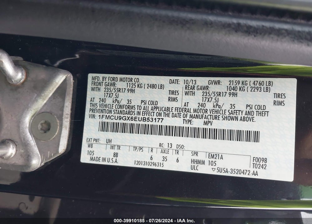 2014 FORD ESCAPE SE VIN: 1FMCU9GX6EUB53177