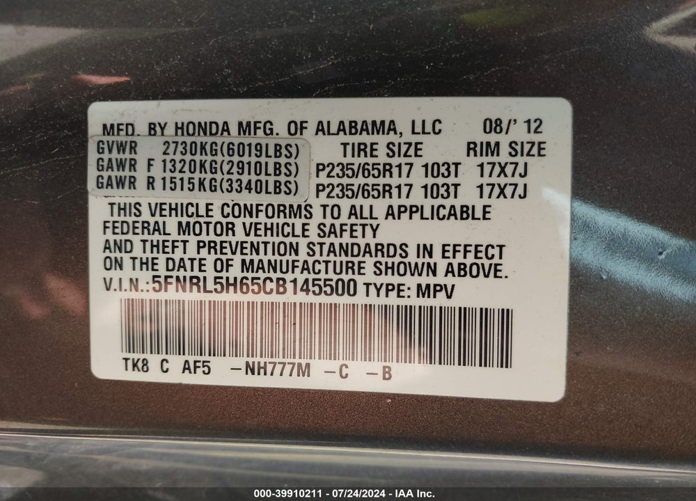 2012 HONDA ODYSSEY EX-L VIN: 5FNRL5H65CB145500