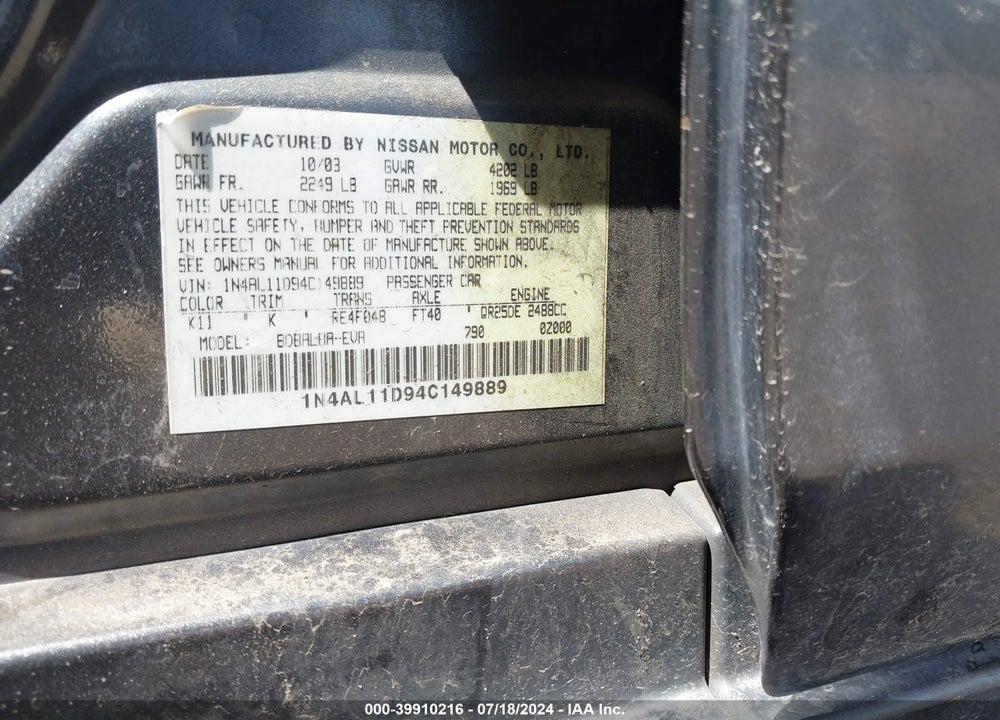2004 NISSAN ALTIMA 2.5 S VIN: 1N4AL11D94C149889