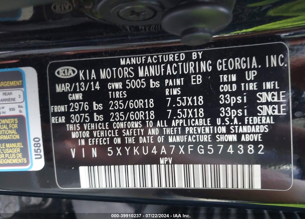 2015 KIA SORENTO EX V6 VIN: 5XYKU4A7XFG574382
