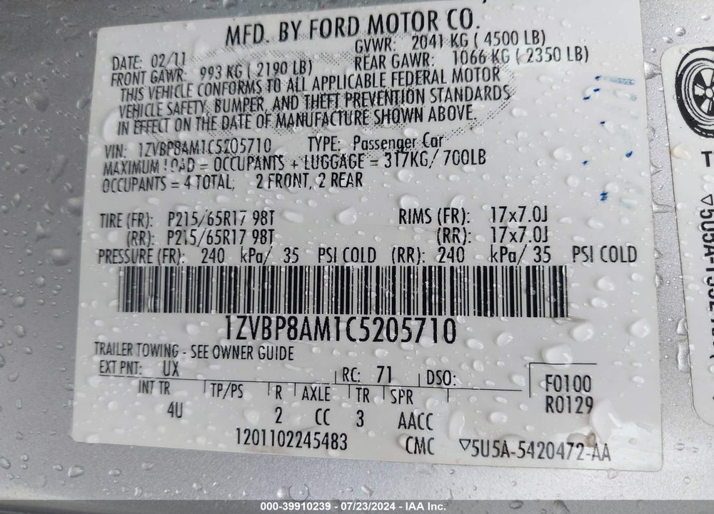 2012 FORD MUSTANG V6 PREMIUM VIN: 1ZVBP8AM1C5205710