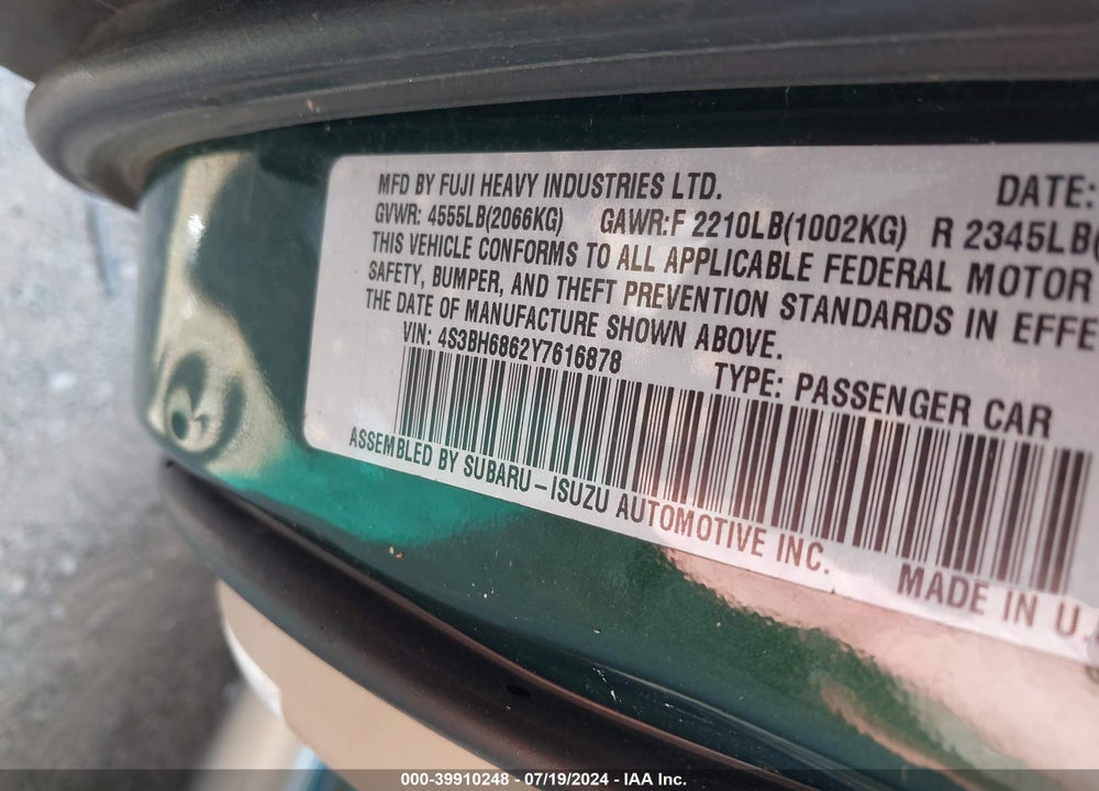 2000 SUBARU OUTBACK LIMITED VIN: 4S3BH6862Y7616878