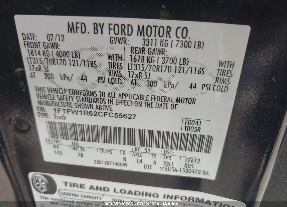 2012 FORD F-150 SVT RAPTOR VIN: 1FTFW1R62CFC55627