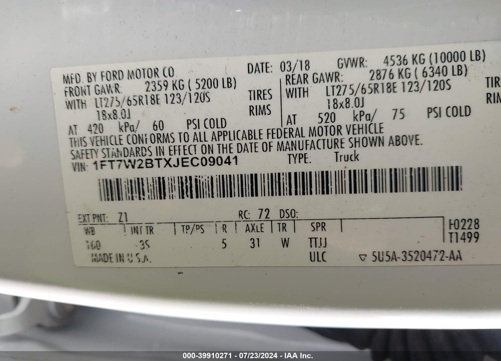 2018 FORD F-250 XLT VIN: 1FT7W2BTXJEC09041