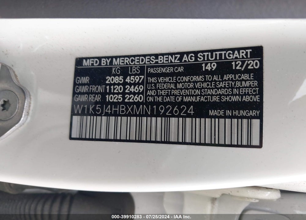 2021 MERCEDES-BENZ CLA 250 4MATIC VIN: W1K5J4HBXMN192624