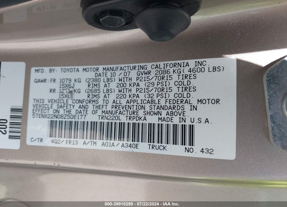 2008 TOYOTA TACOMA VIN: 5TENX22N08Z508177