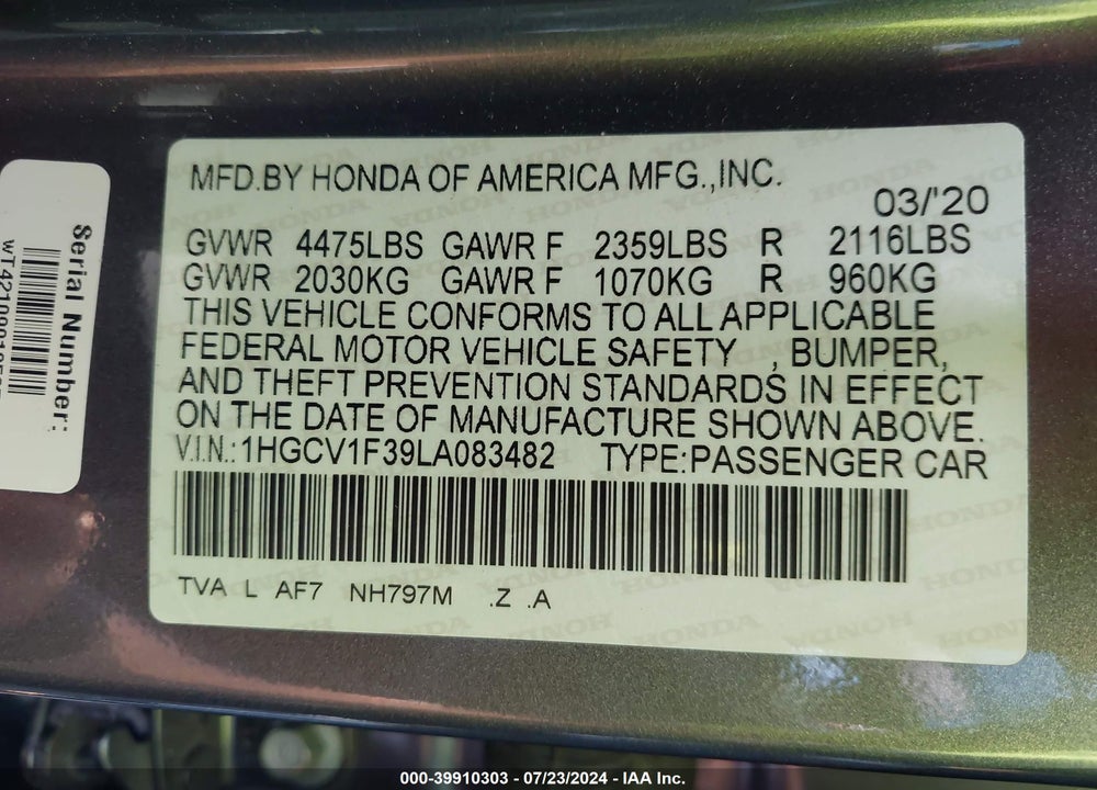 2020 HONDA ACCORD SPORT VIN: 1HGCV1F39LA083482