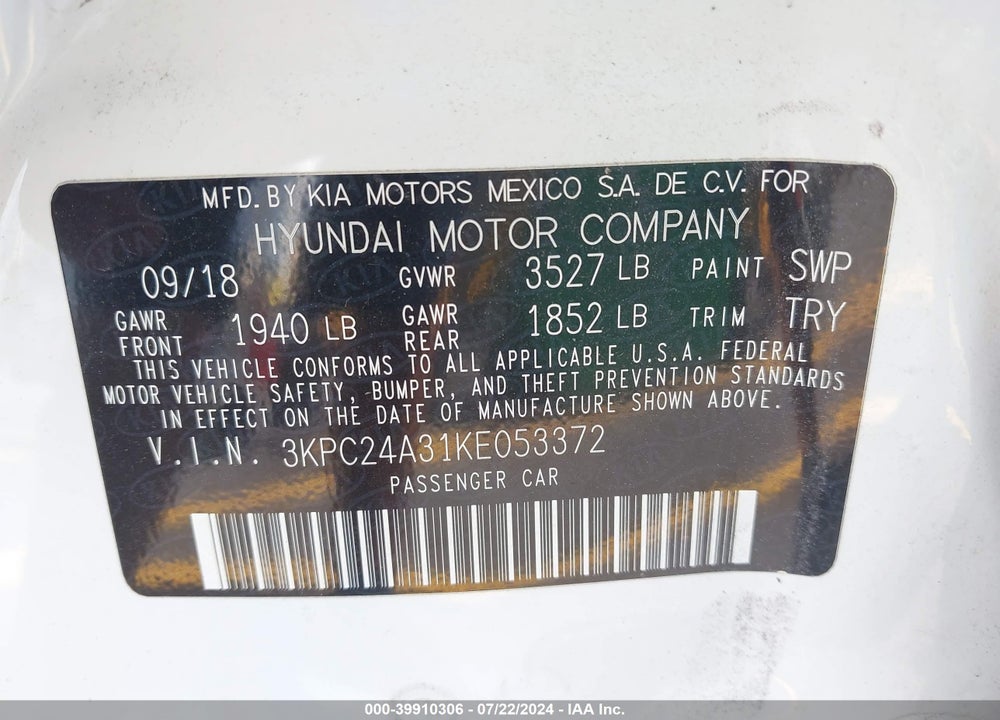2019 HYUNDAI ACCENT SE VIN: 3KPC24A31KE053372