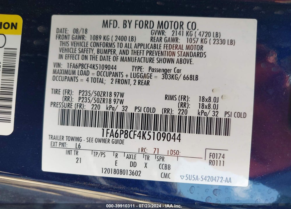 2019 FORD MUSTANG GT VIN: 1FA6P8CF4K5109044