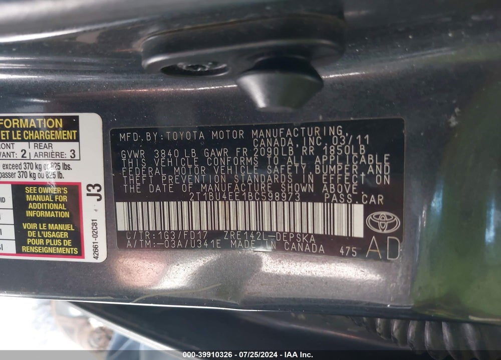2011 TOYOTA COROLLA S VIN: 2T1BU4EE1BC598973