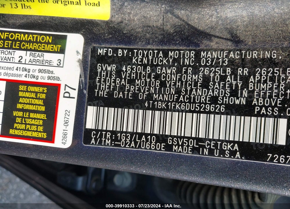 2013 TOYOTA CAMRY XLE V6 VIN: 4T1BK1FK6DU529626