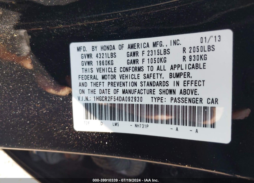 2013 HONDA ACCORD SPORT VIN: 1HGCR2F54DA092930