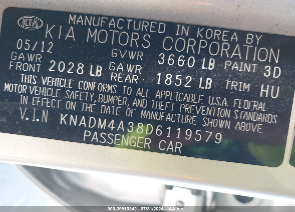 2013 KIA RIO VIN: KNADM4A38D6119579